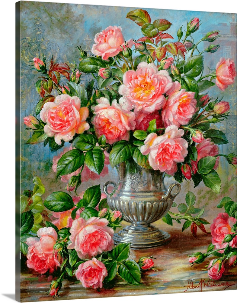 A classic piece of artwork that shows pink roses pouring out of a silver antique vase with some flowers sitting on the table.