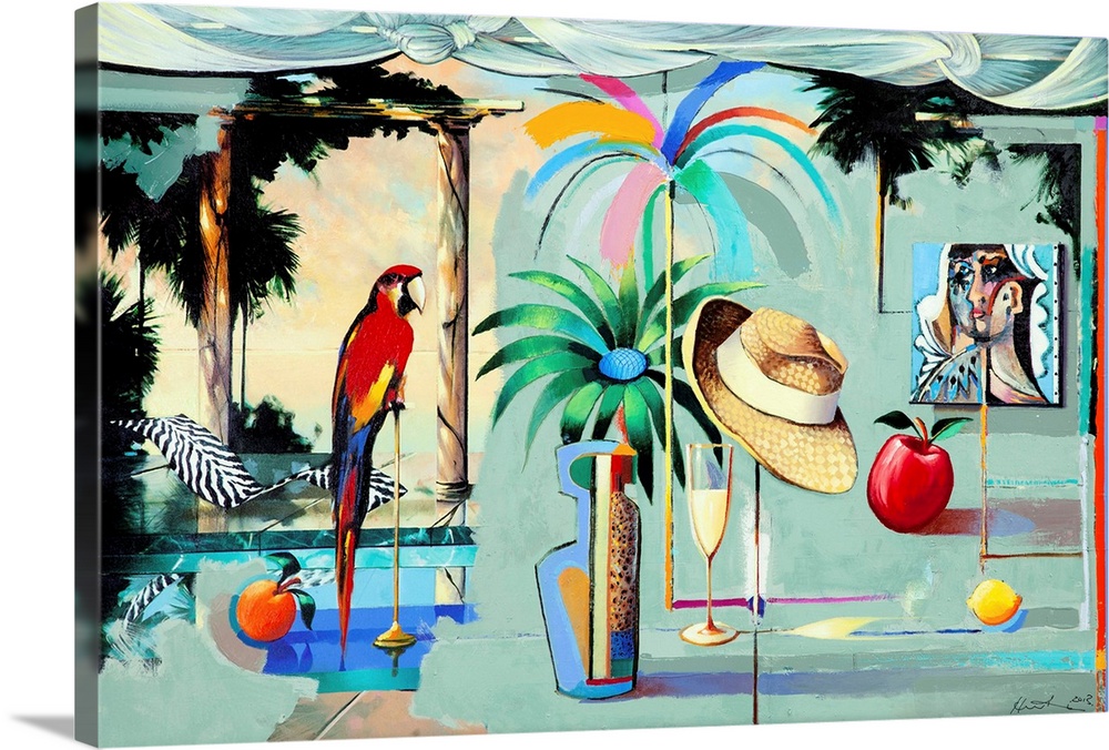 Contemporary painting of the interior of a tropical island bungalow.