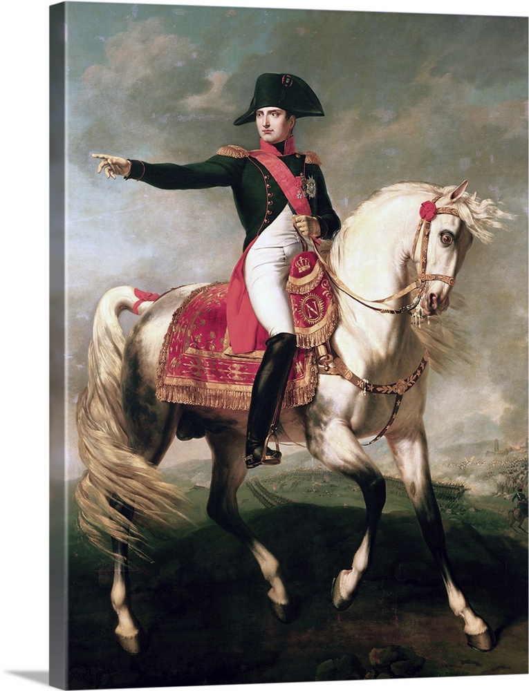Portrait, classic painting of Napoleon I in his uniform, pointing and looking to his right as he sits upon a white horse w...