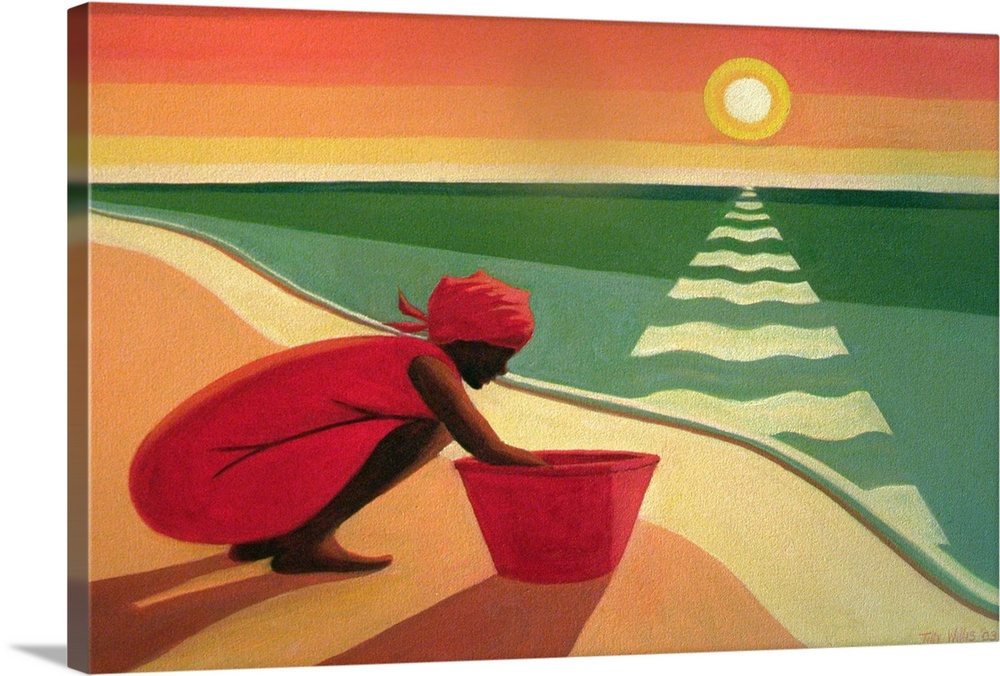 Oversized, horizontal, African American painting of a woman crouched down along the shore, reaching into a bucket.  The su...