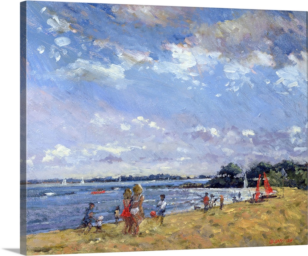 Contemporary painting of people playing on the beach in the summer.