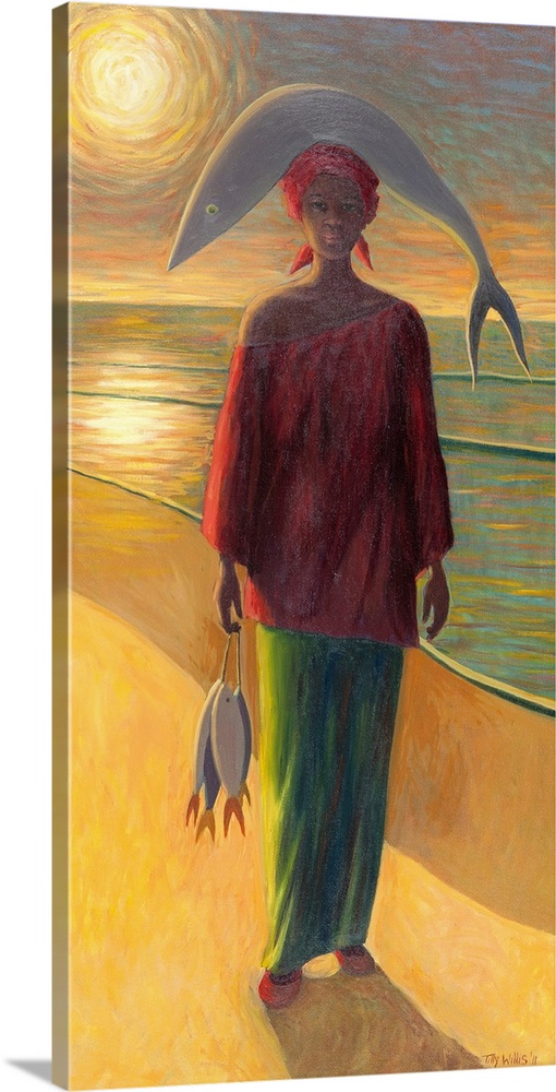 Oil painting of woman standing on beach balancing a fish on her head with a string of dead fish in her hand.  The ocean is...
