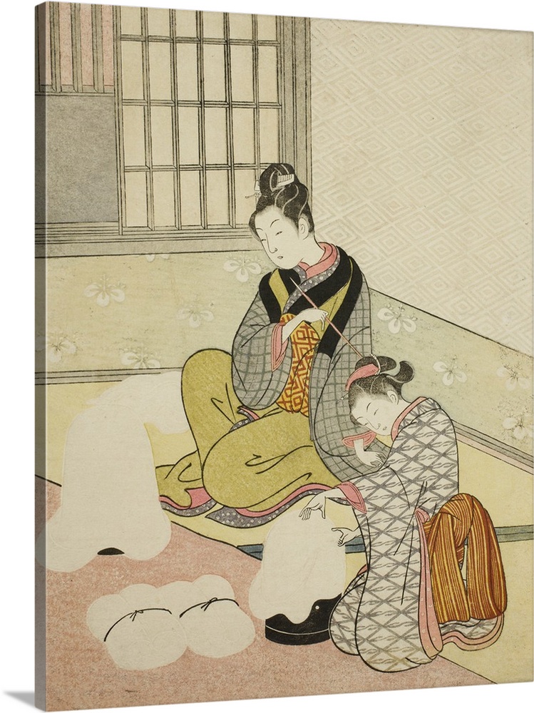 Evening Snow on a Floss Shaper, Nurioke no bosetsu, from the series Eight Views of the Parlor, Zashiki hakkei, c.1766, col...