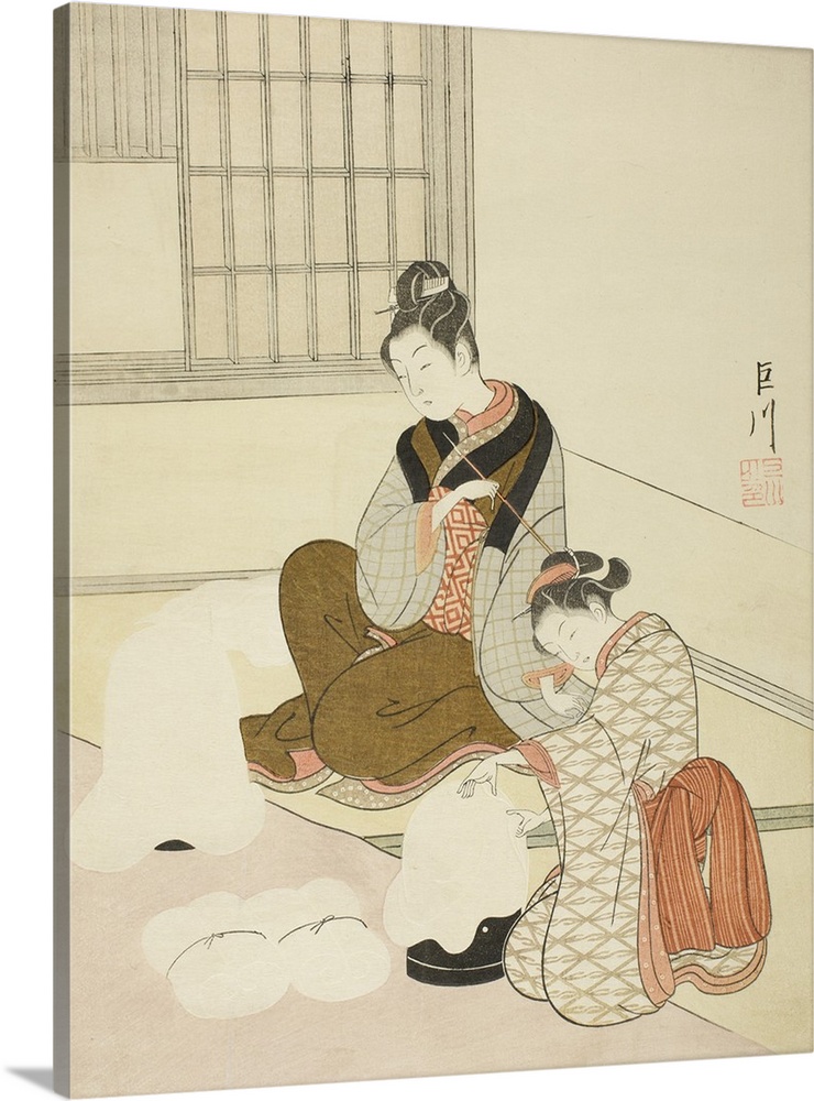 Evening Snow on a Floss Shaper, Nurioke no bosetsu, from the series Eight Views of the Parlor, Zashiki hakkei, c.1766, col...