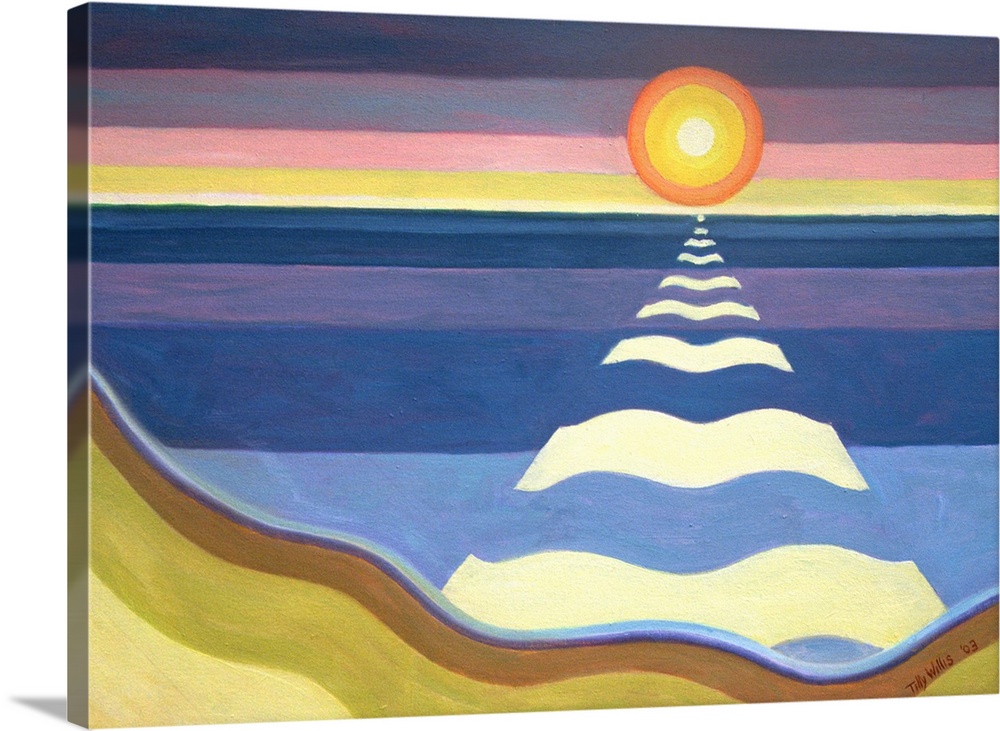An oil painting of a setting sun creating a pathway from it's rays on to the water and beach.