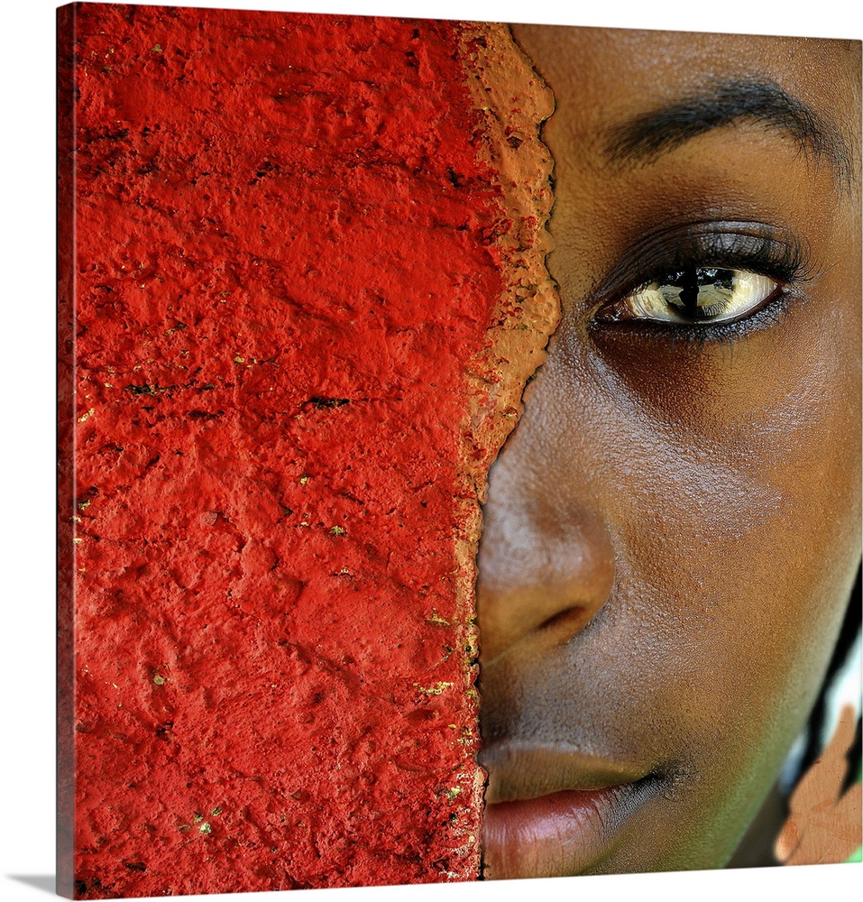 A stunning contemporary photograph of a Black woman who's face is half hidden by a rusted and pitted piece of material