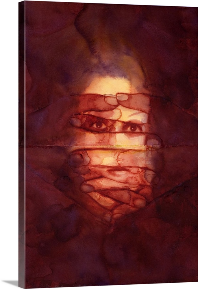 Contemporary abstract painting of a face covered by overlapping fingers.