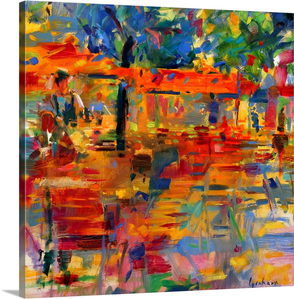 Square wall art for the living room or office of an abstract outdoor cafo tables under trees.