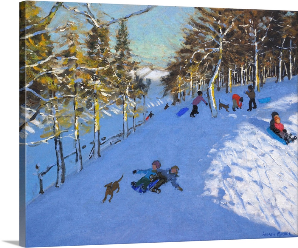 Family Sledging, Youlgreave, Derbyshire. 2016, oil on canvas.  By Andrew Macara.