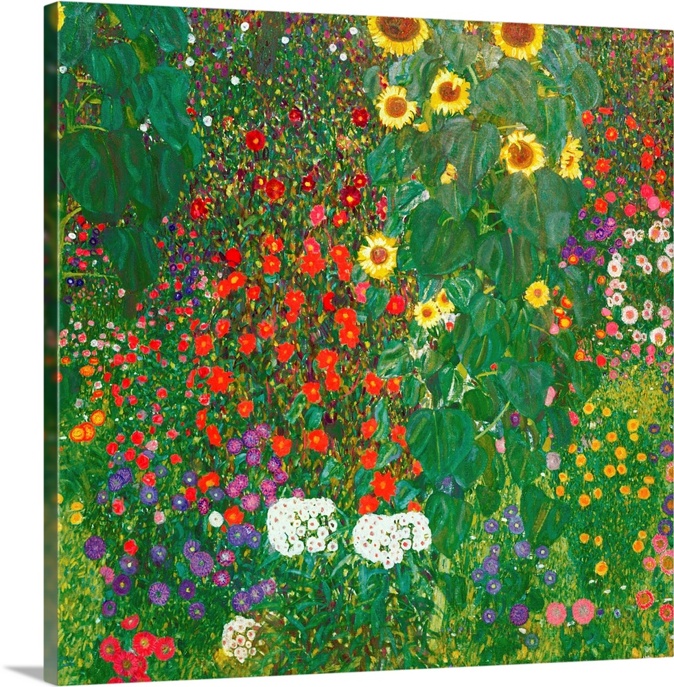 This square painting depicts a densely packed garden filled with towering sunflowers and multicolor blooms.