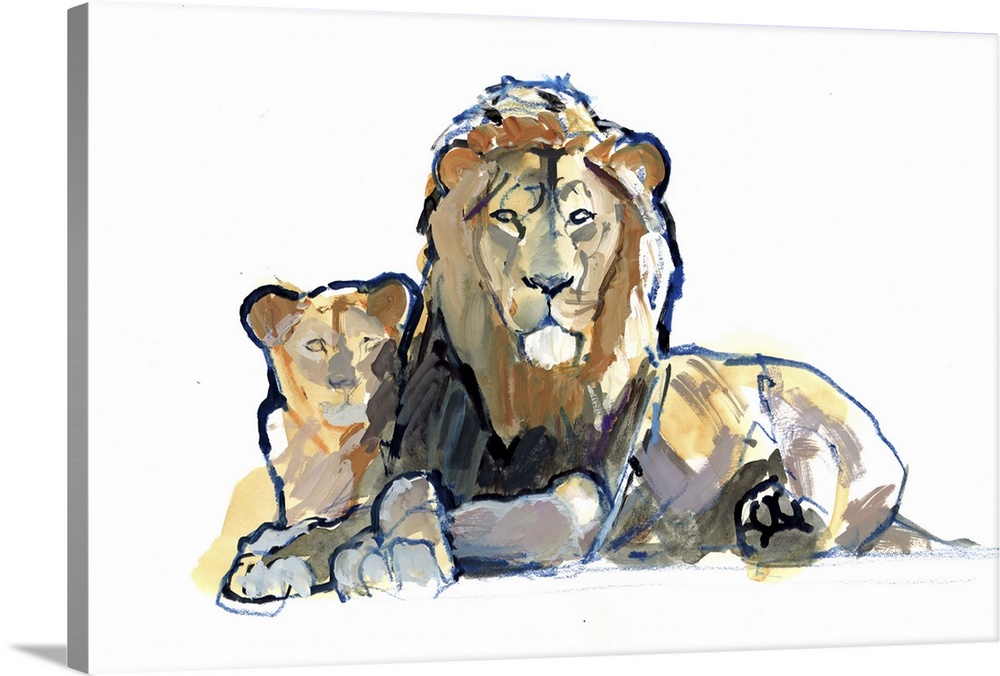 Contemporary painting of a lion and his cub with indigo outlines on a white background.