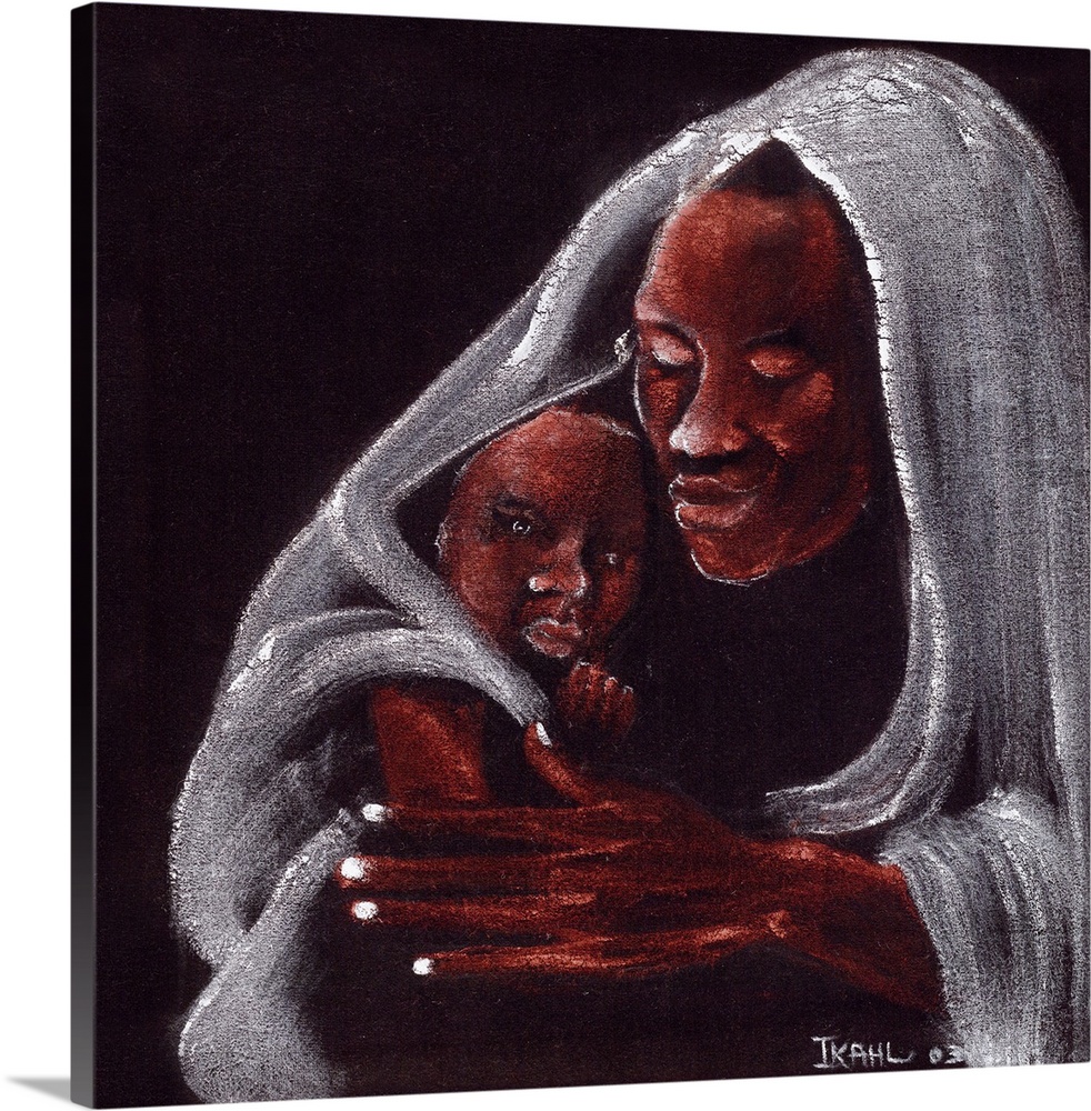 Oil painting of a father and son huddled together under a blanket.