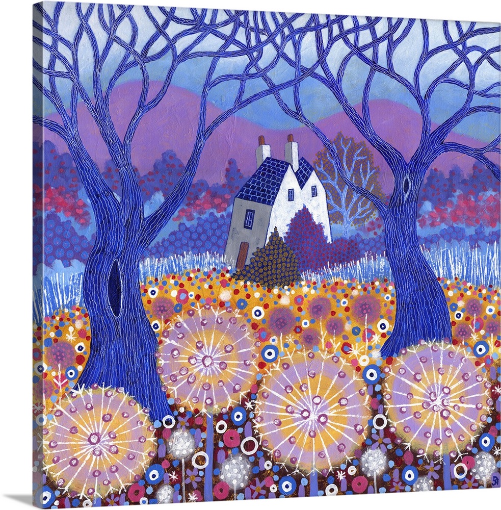 Contemporary painting using bright colors and intricate details to create a white house in a flowering clearing in the cou...