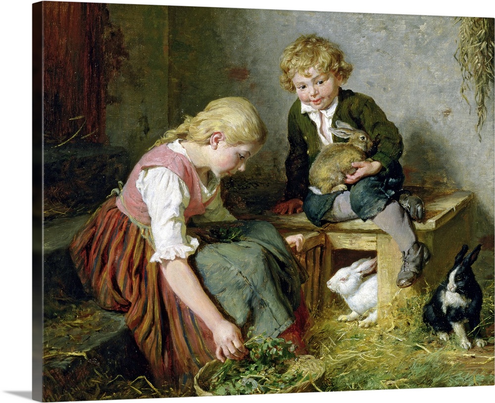 BAL98641 Feeding the Rabbits (oil on canvas)  by Schlesinger, Felix (1833-1910); 36x44 cm; Private Collection; Gemalde Men...
