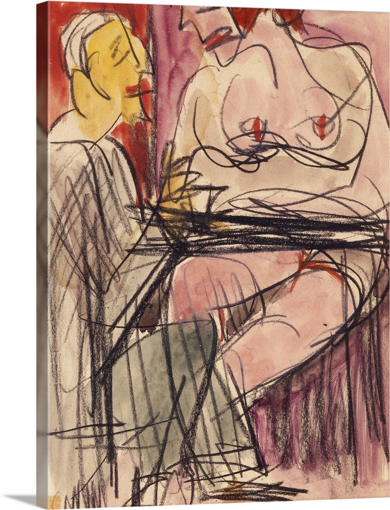 Female Nude and Man sitting at a Table; Weiblicher Akt und Mann an einem Tisch sitzend