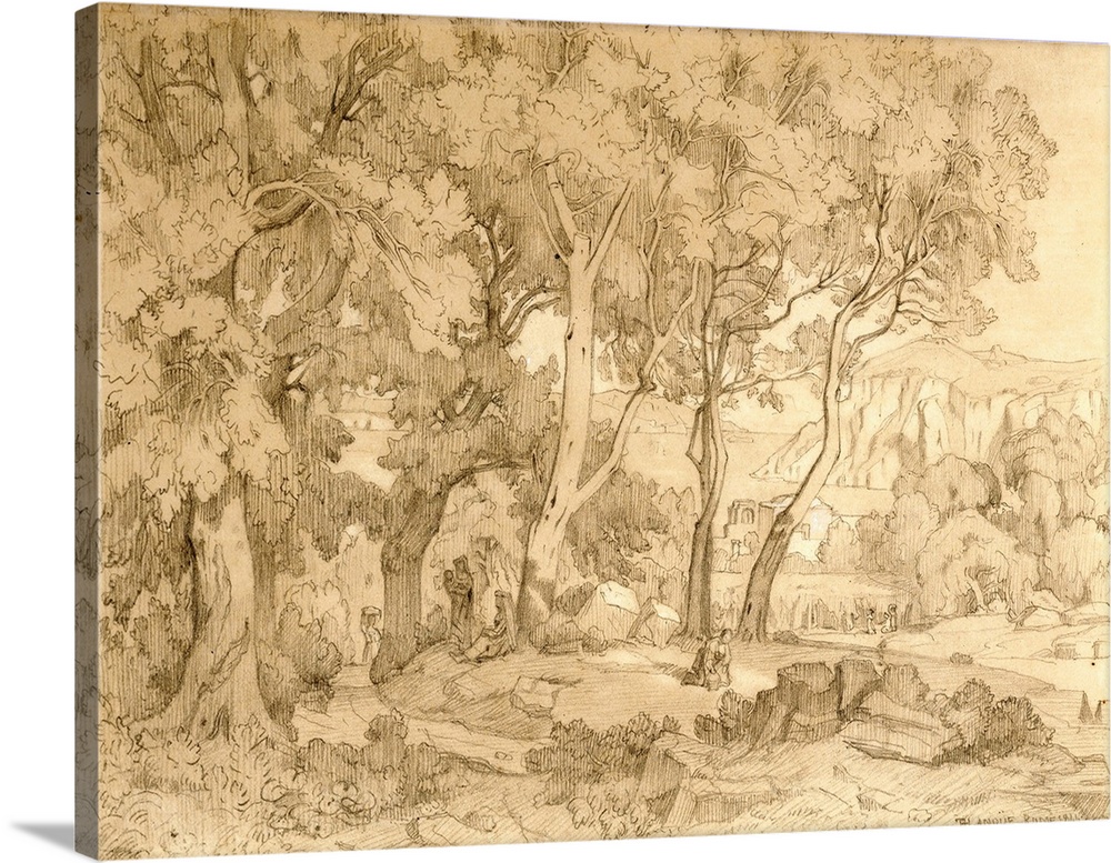 Figures in a Wooded Glade, 1844, pencil drawing on paper.  By Felix Hippolyte Lanoue (1812-72).