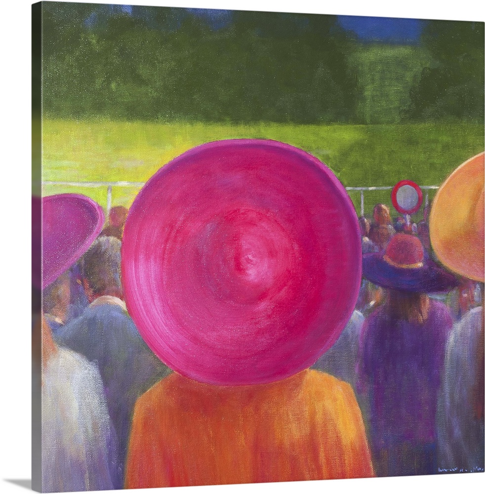 Contemporary painting of a rear view of women in large sun hats watching a horse race.