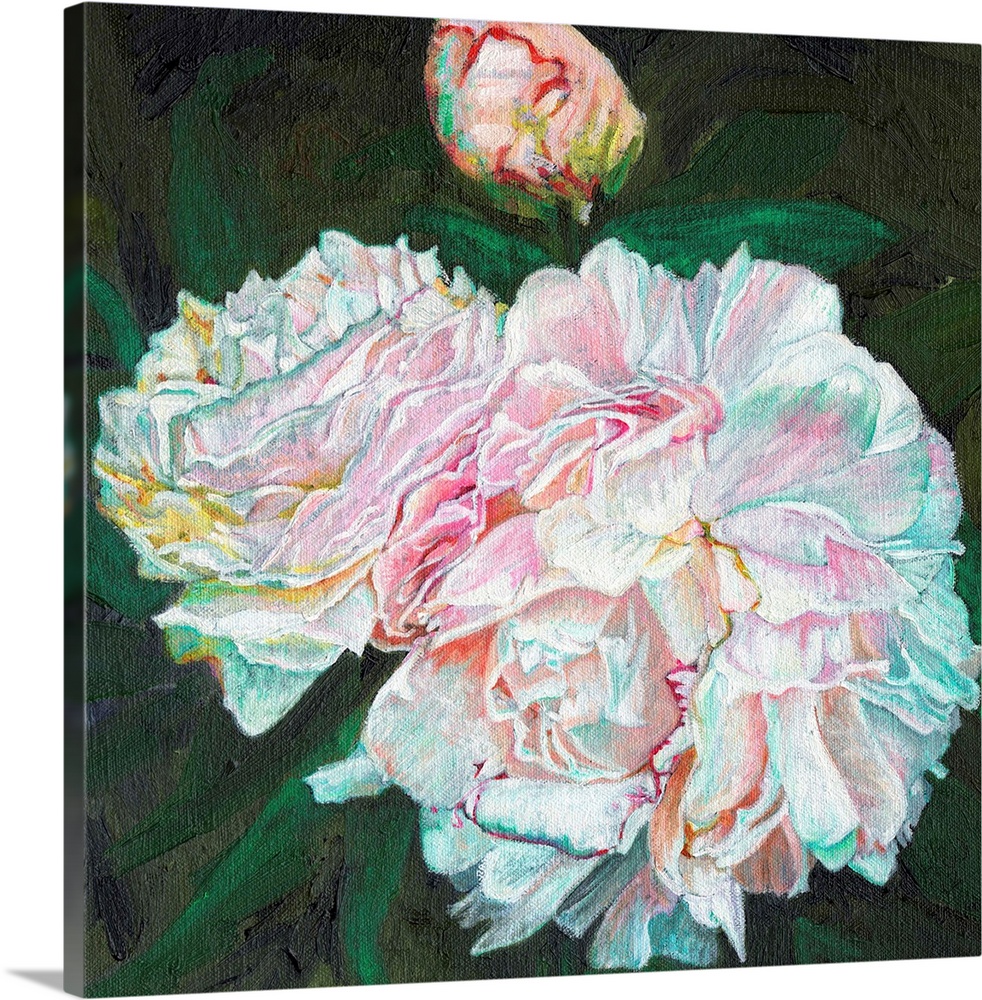 Contemporary painting of bright white and pink blossoming flowers.