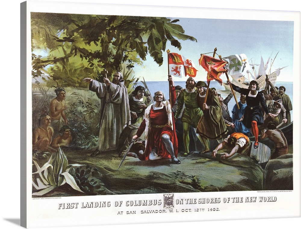 First Landing of Columbus on the Shores of the New World, 1892 (originally colour lithograph) by Currier, N. (1813-88) and...