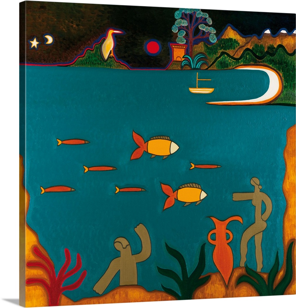 Contemporary artwork of a view of fish under water and boats on the surface of the water.
