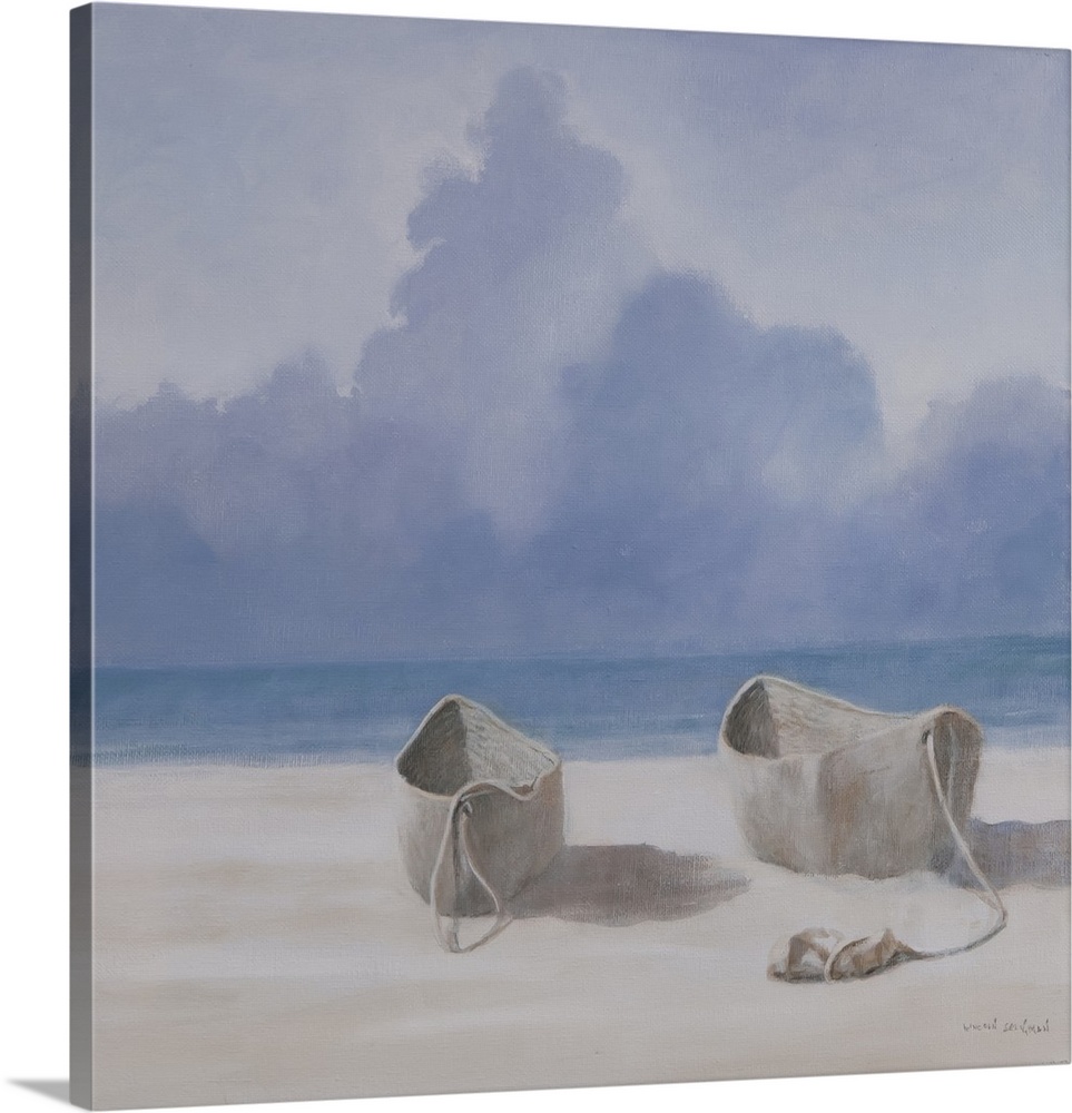 Contemporary painting of two dugout canoes on the beach in Kenya.