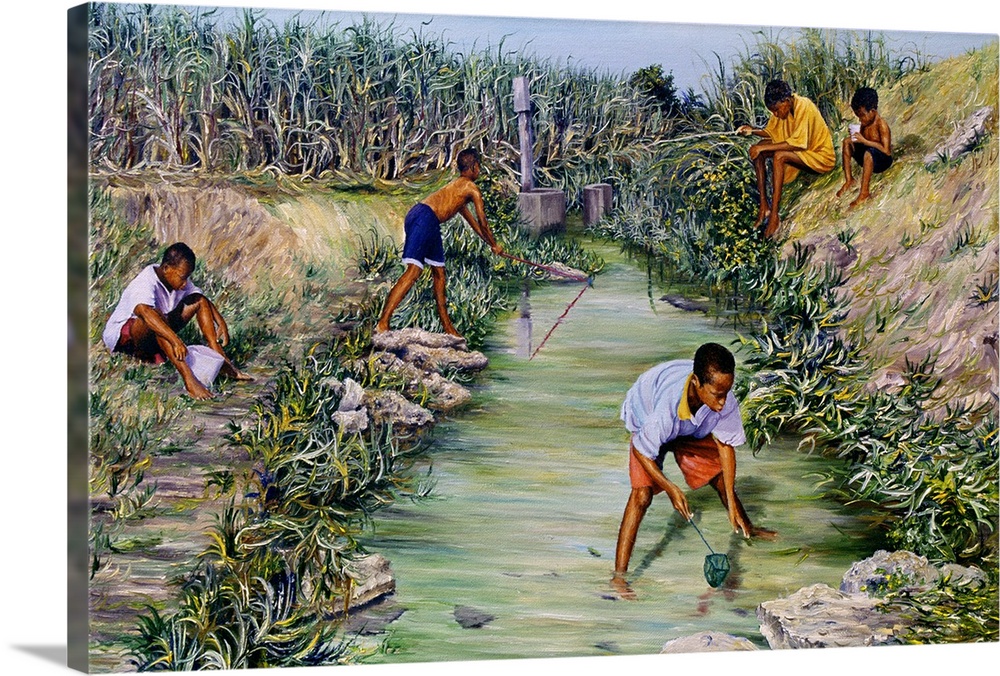 This wall art is a realistic landscape painting African-American art of young men fishing in a stream in Barbados.