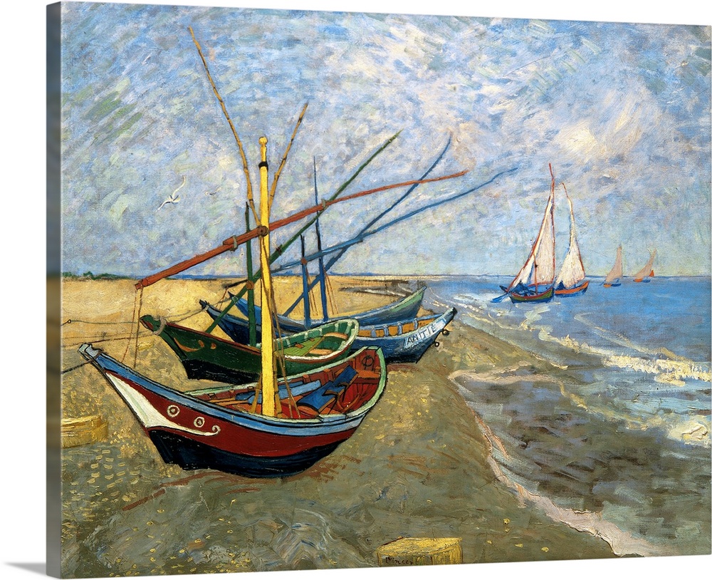 Classical painting of fishing vessels docked on sand with sailboats sailing just off the shore on a cloudy day.