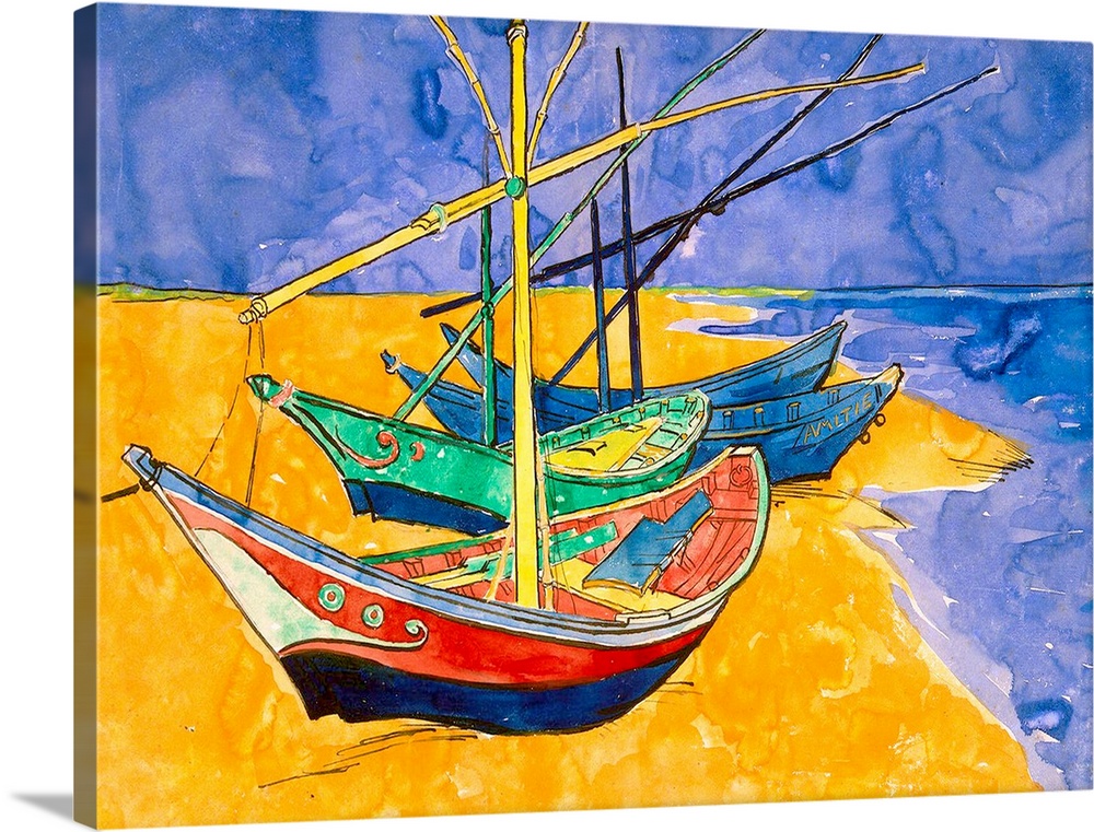 This Impressionist painting uses flat colors and line art show sail boats pulled up on the shore.