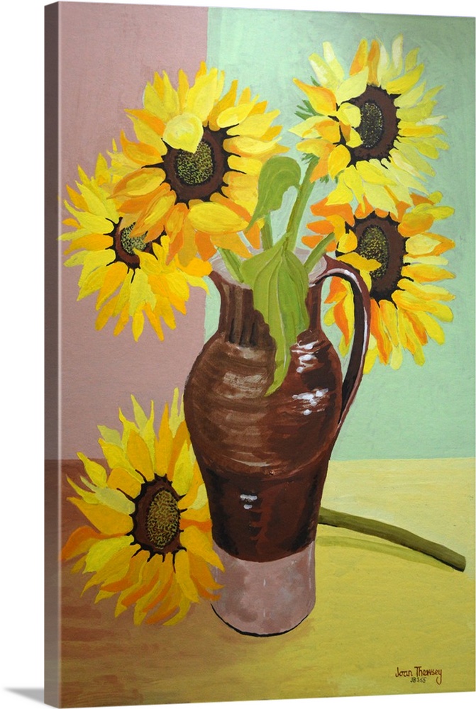 Five Sunflowers in a Tall Brown Jug, 2007, originally gouache.