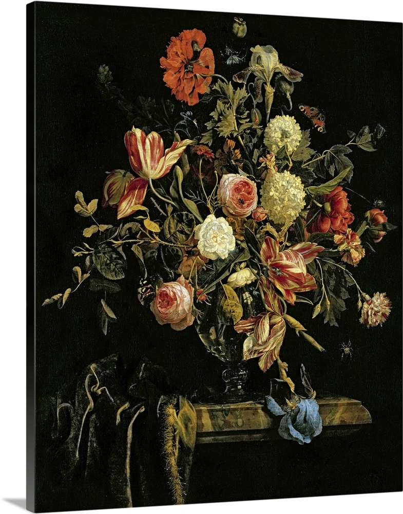 Flowers are painted growing out of a glass vase against a dark background. Some of the flowers are dying and drooping over...