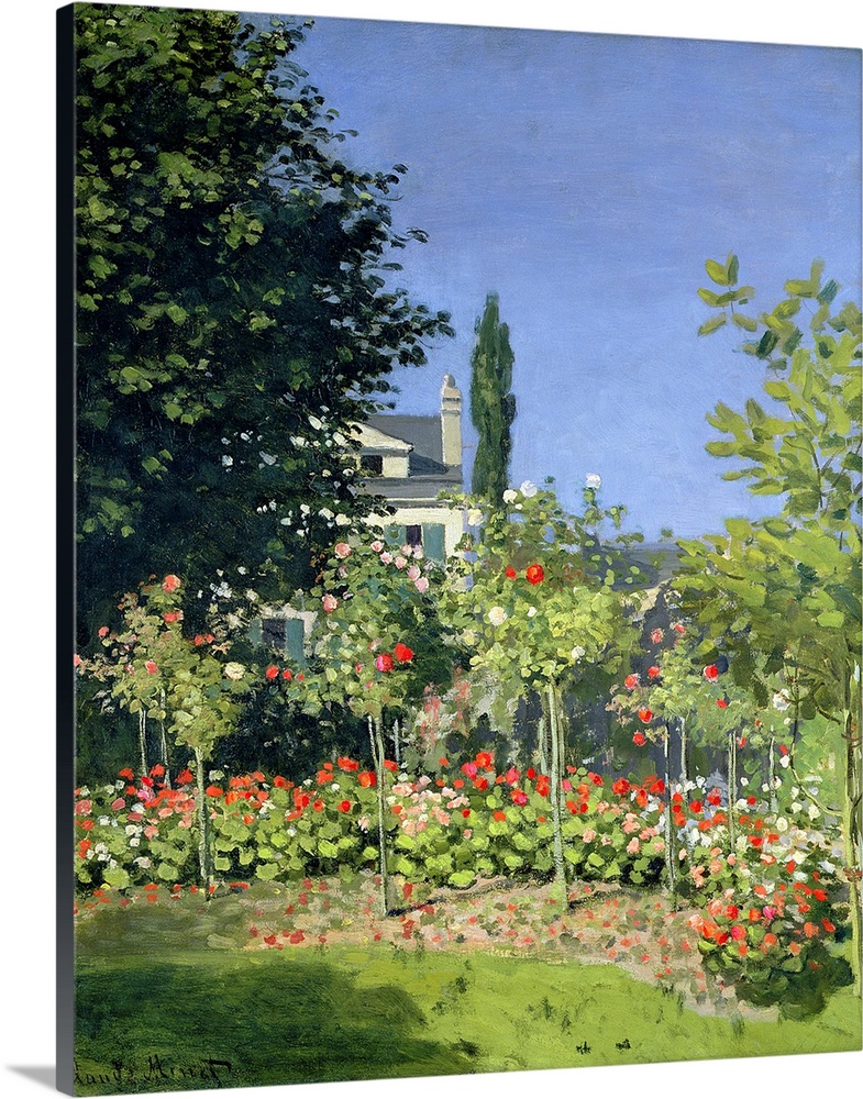 Artwork perfect for the home of a small garden with a large tree to the left and a small view of a house behind it.