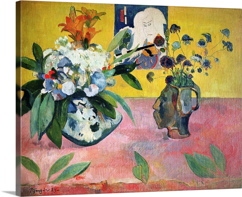 XIR66159 Flowers and a Japanese Print, 1889 (oil on canvas)  by Gauguin, Paul (1848-1903); 85x115 cm; Private Collection; ...