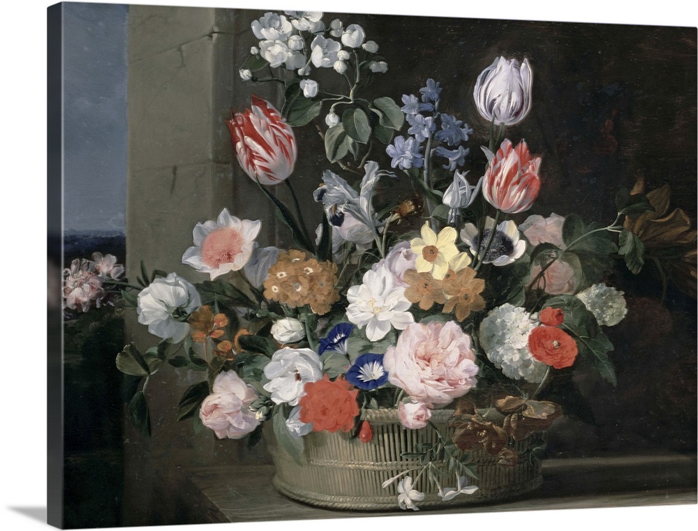Classical painting on canvas of a flower arrangement in a basket.