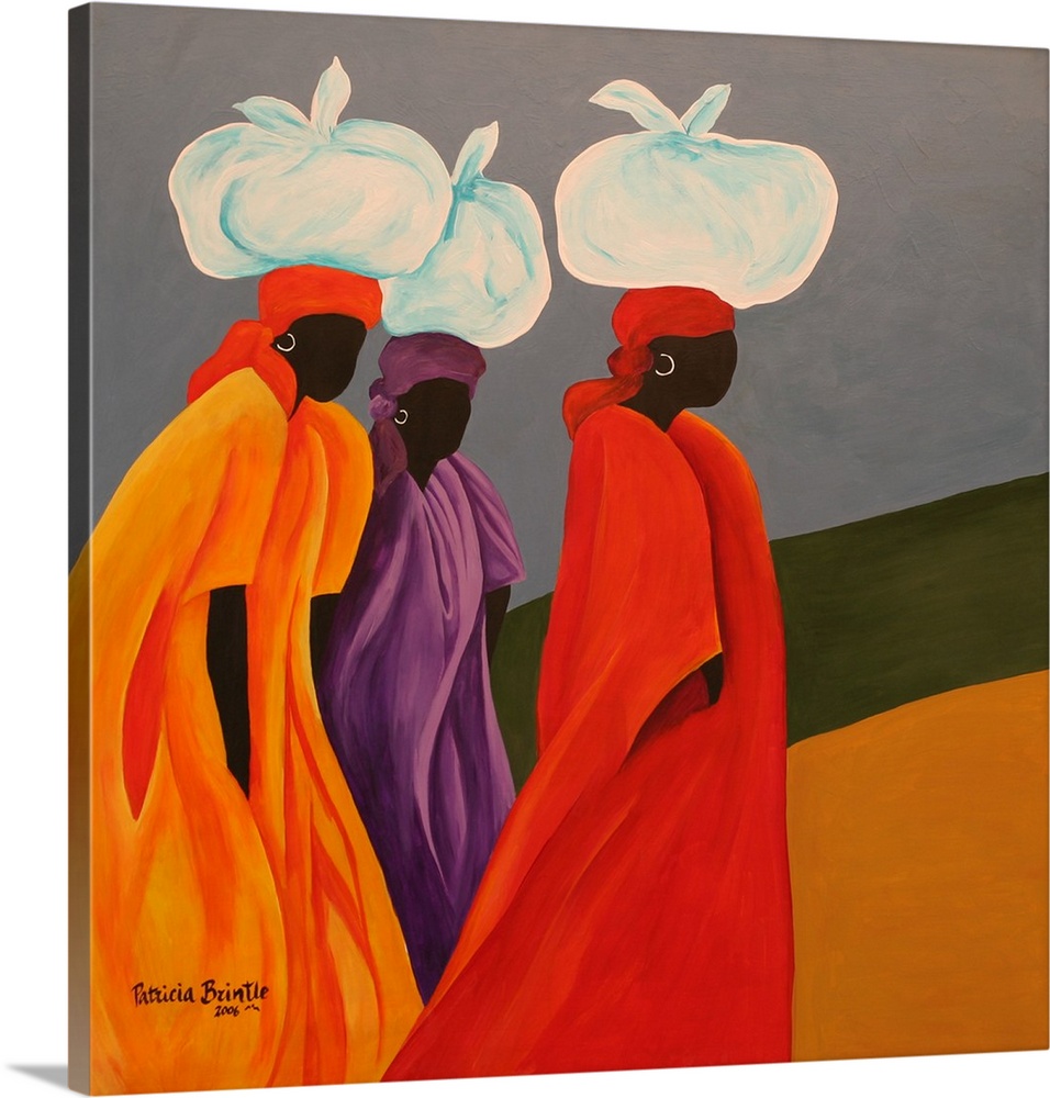 Contemporary painting of Haitian women with tied bundles on their heads.
