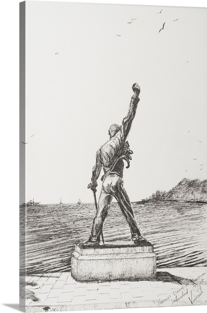 Contemporary artwork of a statue of Freddie Mercury.