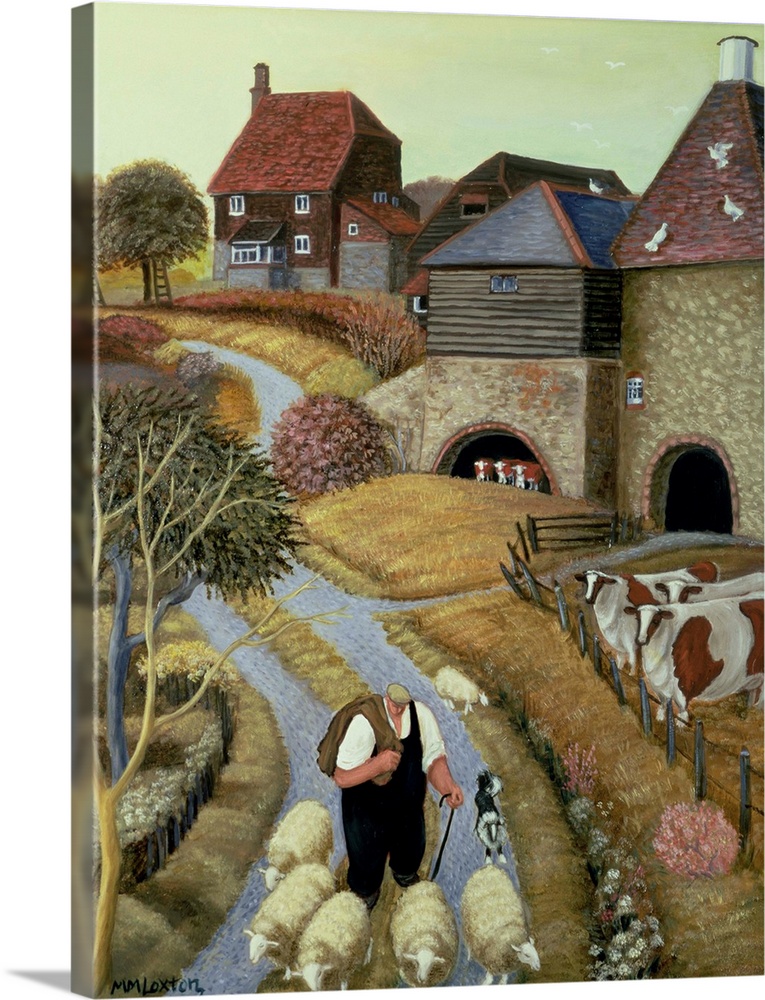Contemporary painting of a shepherd walking down a road through a city.