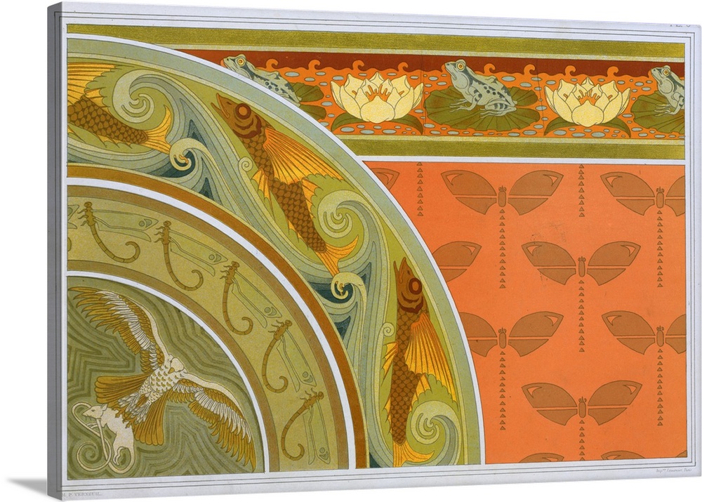 Originally a colour lithograph. Designs For Wallpaper Borders "Frogs And Waterlillies", Border Of "Flying Fish And Dragonf...