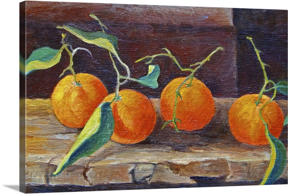 Contemporary still-life painting of oranges sitting on a shelf.