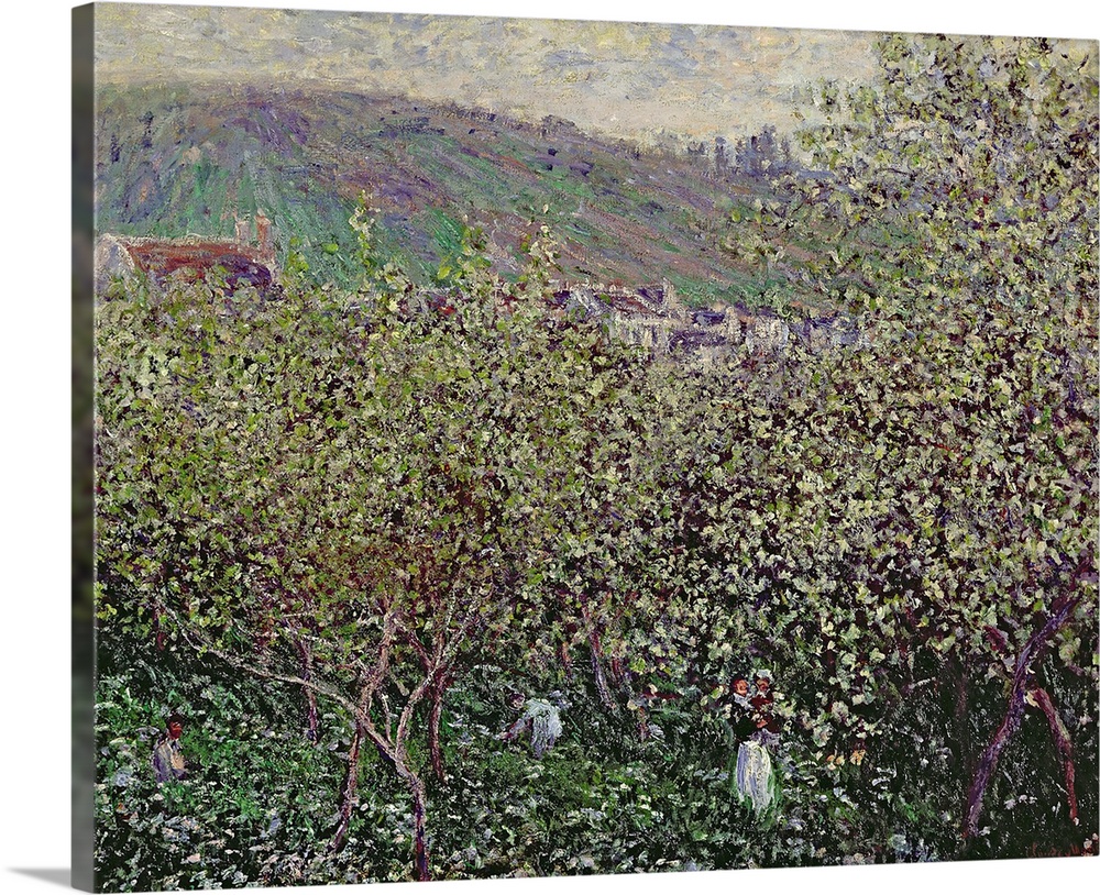 Large oil painting on canvas of people picking fruit out of trees with the countryside in the distance.