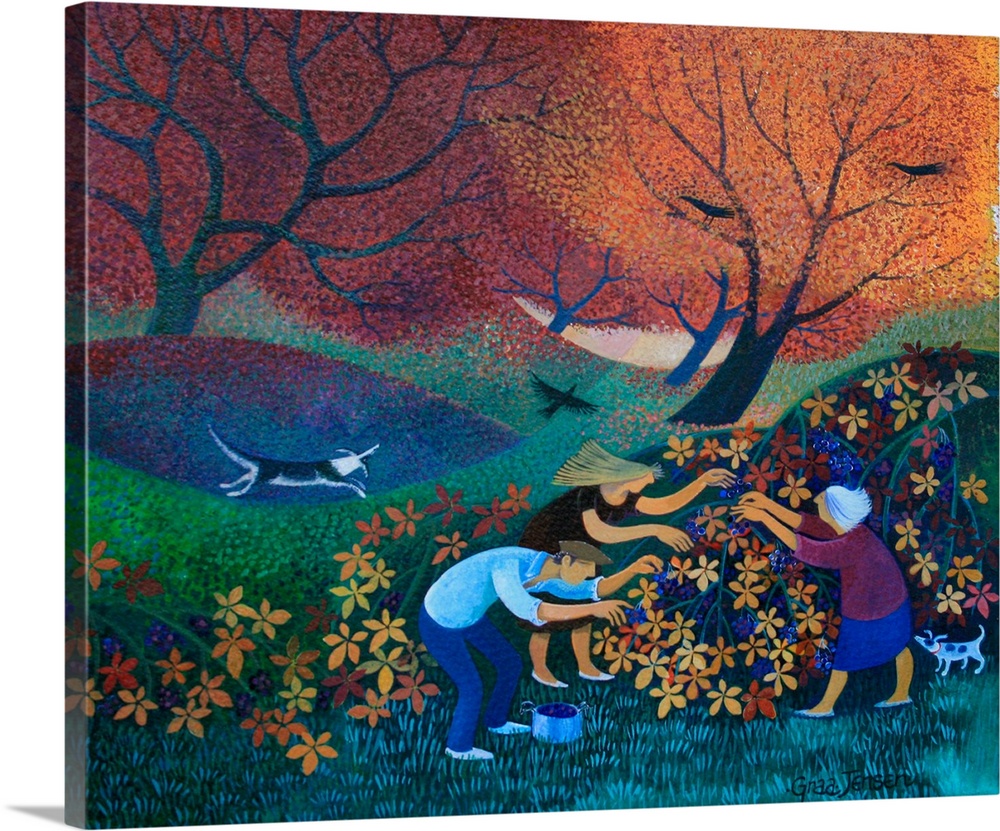 Contemporary painting of people picking berries in the fall.