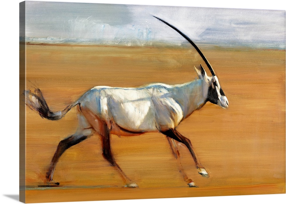 Contemporary wildlife painting of an Oryx running in the desert.