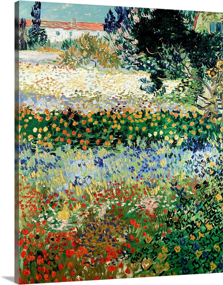 Huge classic art portrays a large plot of land filled with a diverse array of brightly colored flowers that extend towards...