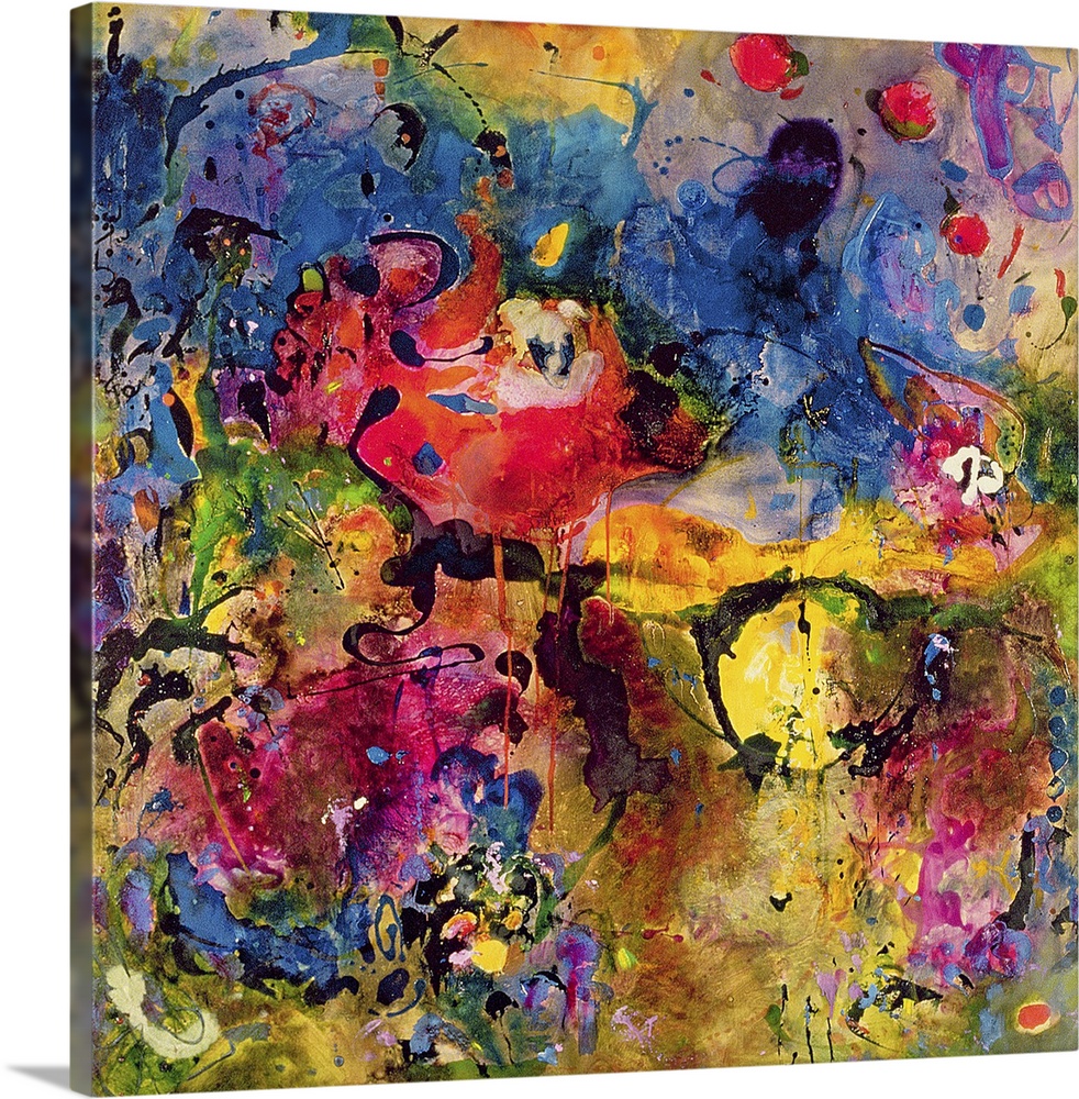 Contemporary abstract painting in bright colors with lots of movement.