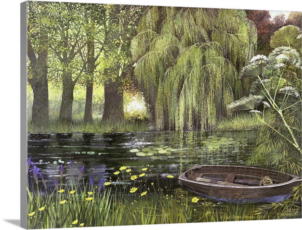 Contemporary painting of a row boat on the edge of a countryside pond.