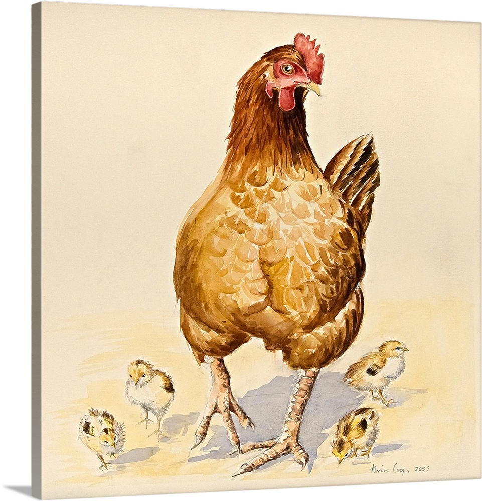 Contemporary painting of a mother hen and four small chicks.