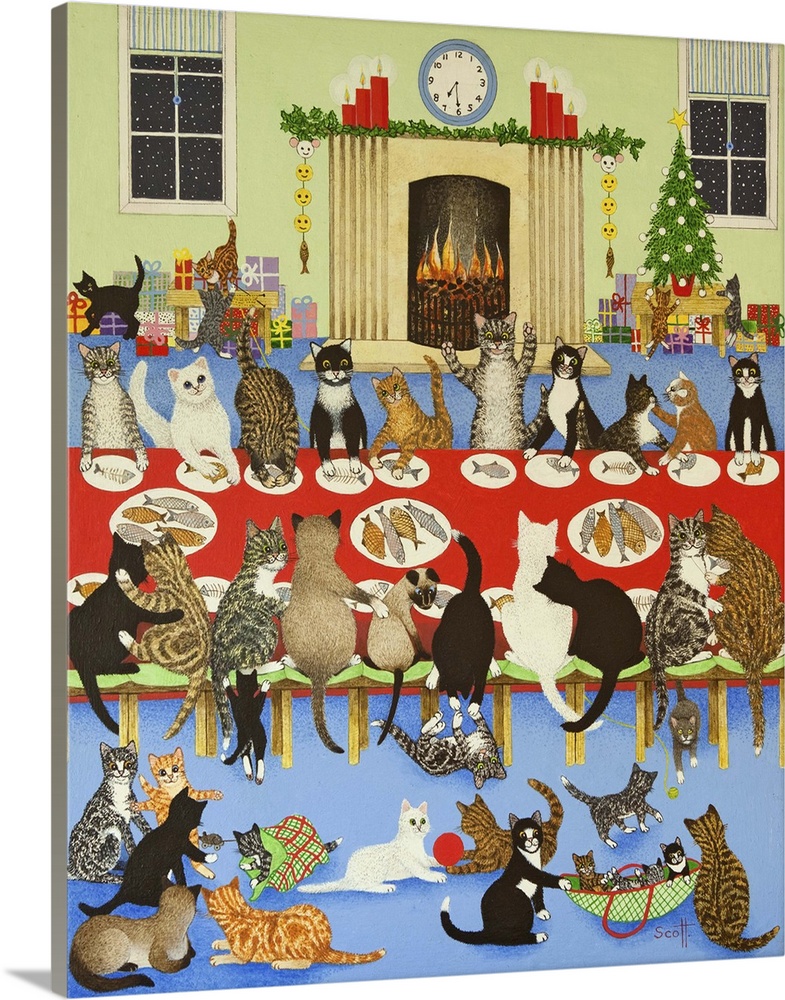 Contemporary painting of several cats sharing a Christmas dinner.