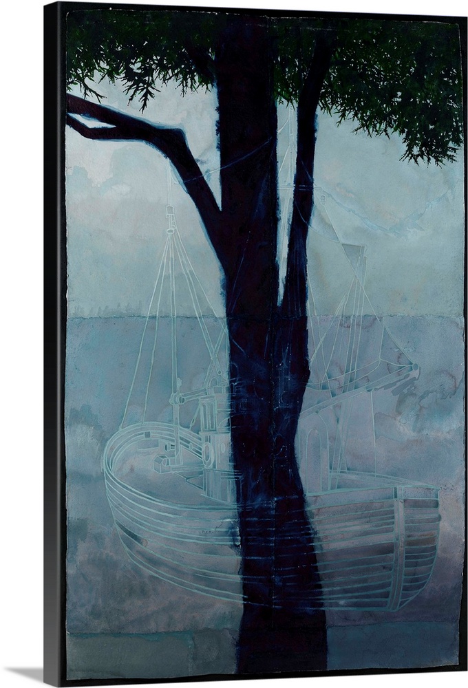Contemporary watercolor painting of a faint ship overlay with the image of a tree.