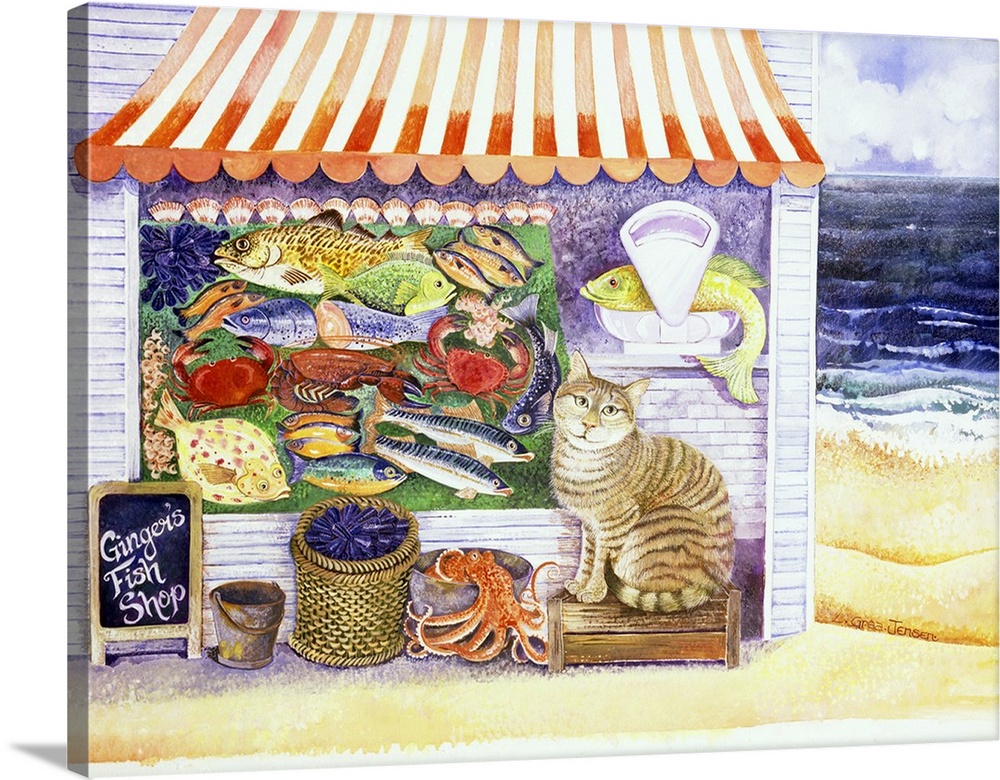 Contemporary artwork of a cat at a fish market.