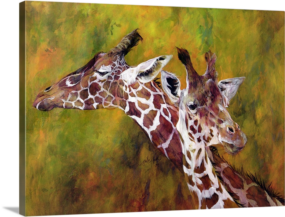 Oversized, landscape artwork of two giraffes from the neck up, next to each other on a splotchy background of bright colors.