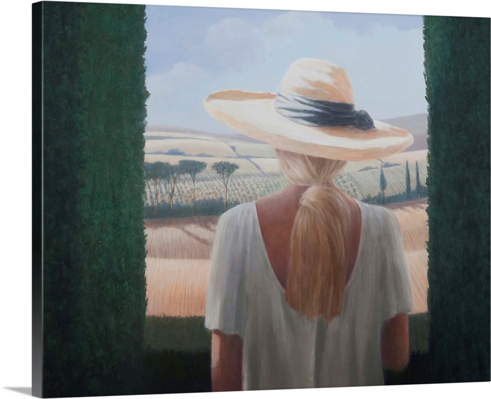 Contemporary painting of a woman with a sun hat, looking out a window.